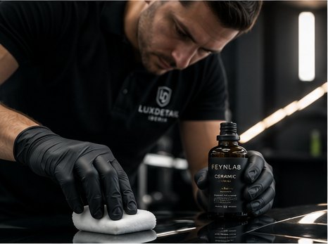 Técnico de LuxDetail Iberia aplicando ceramic coating con aplicador de microfibra