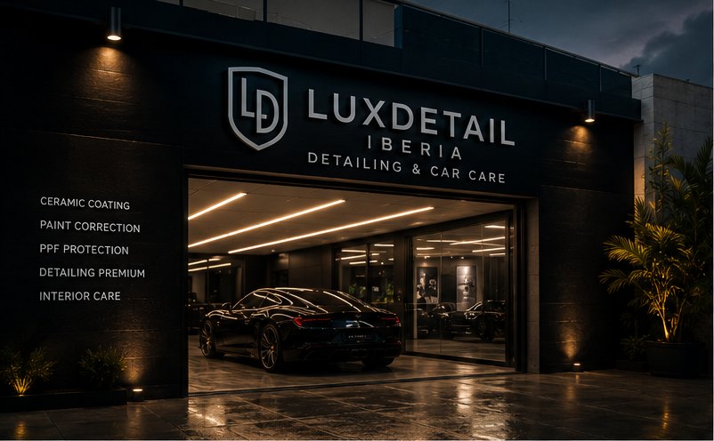 Fachada nocturna del estudio LuxDetail Iberia con un deportivo negro en el interior iluminado